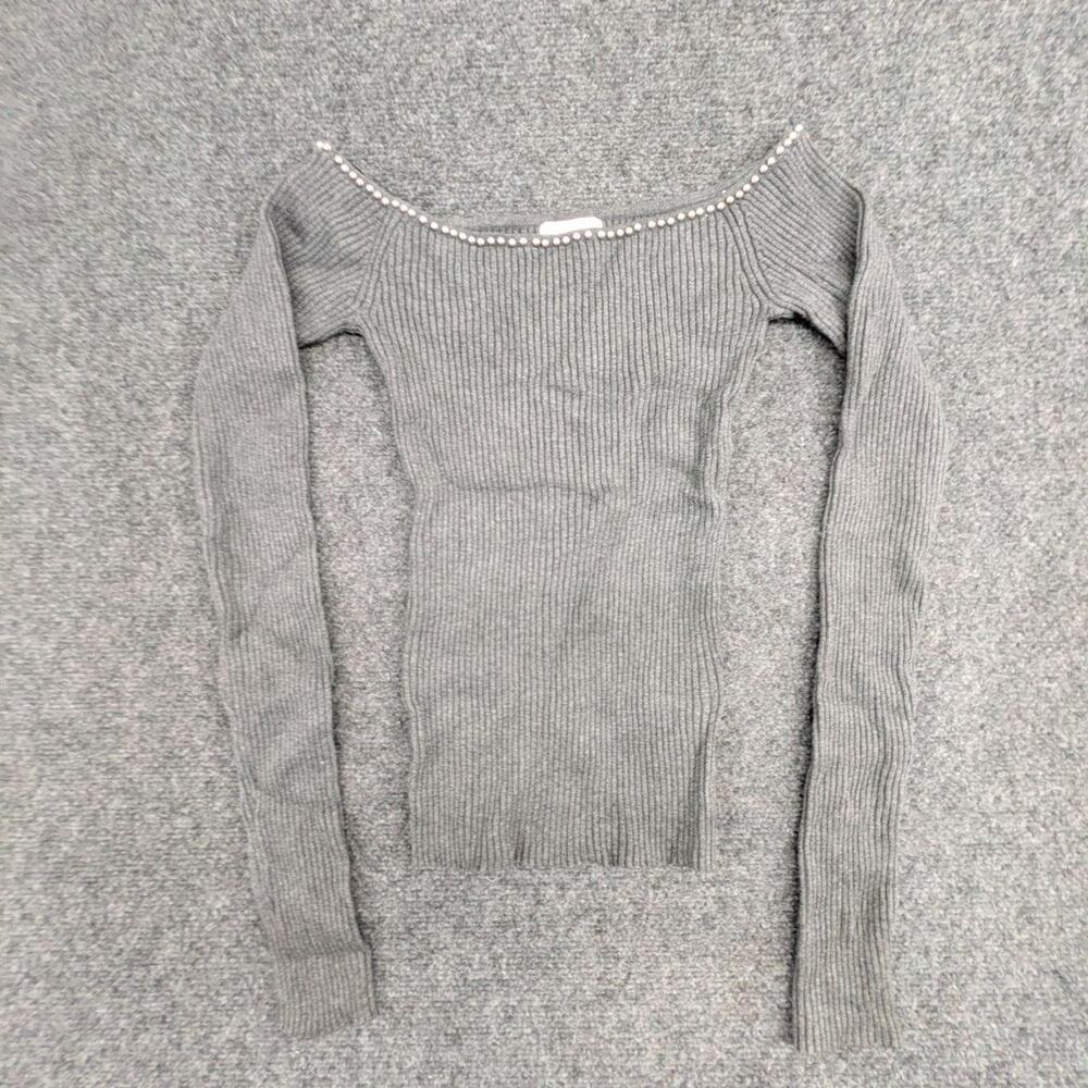 Ribbed Knit Top Womens XS Grey Off Shoulder Pearl Beaded Neckline Pullover Shirt